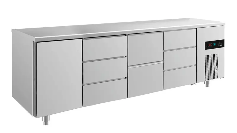 A&S Kühltisch -2 bis +8°C 2330x700x850mm mit 1x Tür, 1x zwei Schubladen und 2x 3 Schubladen (4TDZD)