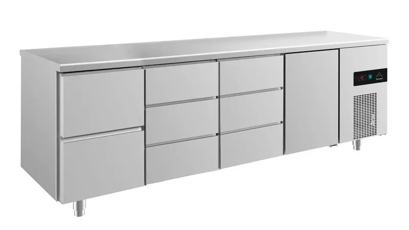 A&S Kühltisch -2 bis +8°C 2330x700x850mm mit 1x Tür, 1x zwei Schubladen und 2x 3 Schubladen (4ZDDT)