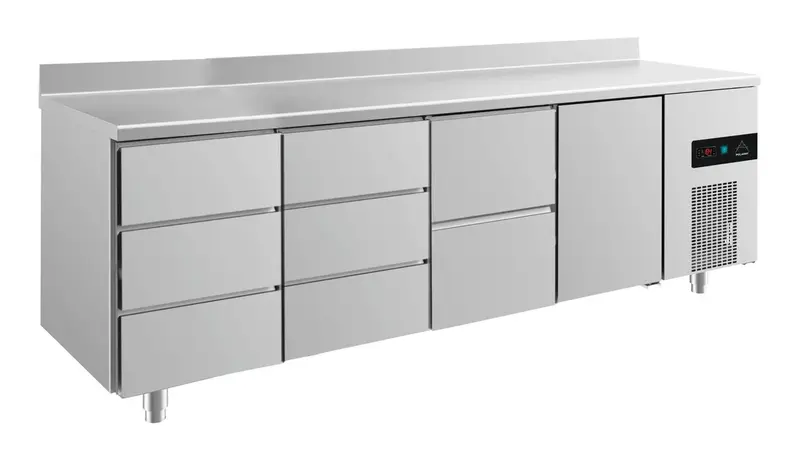A&S Kühltisch -2 bis +8°C 2330x700x850mm mit 1x Tür, 1x zwei Schubladen und 2x 3 Schubladen u. Aufkantung (4DDZTA)