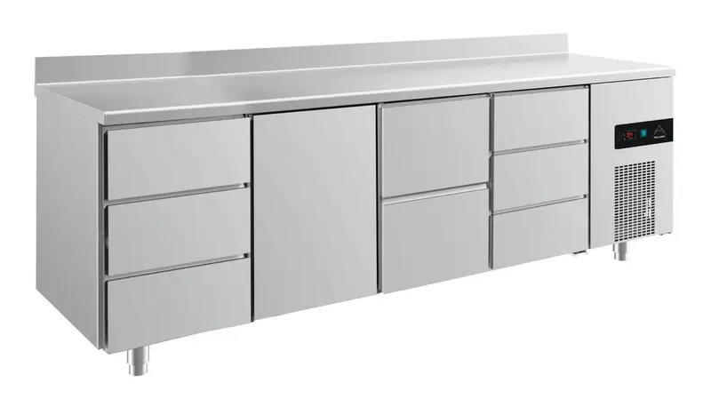 A&S Kühltisch -2 bis +8°C 2330x700x850mm mit 1x Tür, 1x zwei Schubladen und 2x 3 Schubladen u. Aufkantung (4DTZDA)