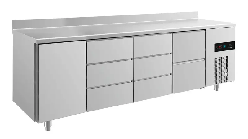 A&S Kühltisch -2 bis +8°C 2330x700x850mm mit 1x Tür, 1x zwei Schubladen und 2x 3 Schubladen u. Aufkantung (4TDDZA)