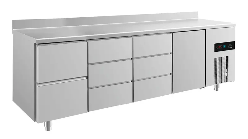 A&S Kühltisch -2 bis +8°C 2330x700x850mm mit 1x Tür, 1x zwei Schubladen und 2x 3 Schubladen u. Aufkantung (4ZDDTA)