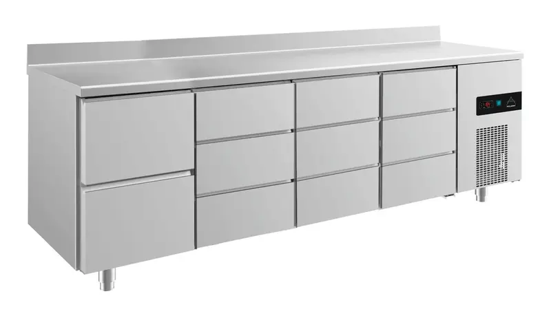 A&S Kühltisch -2 bis +8°C 2330x700x850mm mit 1x zwei Schubladen und 3x drei Schubladen u. Aufkantung (4ZDDDA)