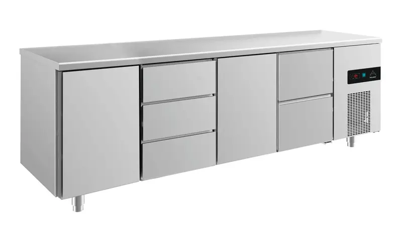A&S Kühltisch -2 bis +8°C 2330x700x850mm mit 2x Türen, 1x zwei Schubladen und 1x 3 Schubladen (4TDTZ)