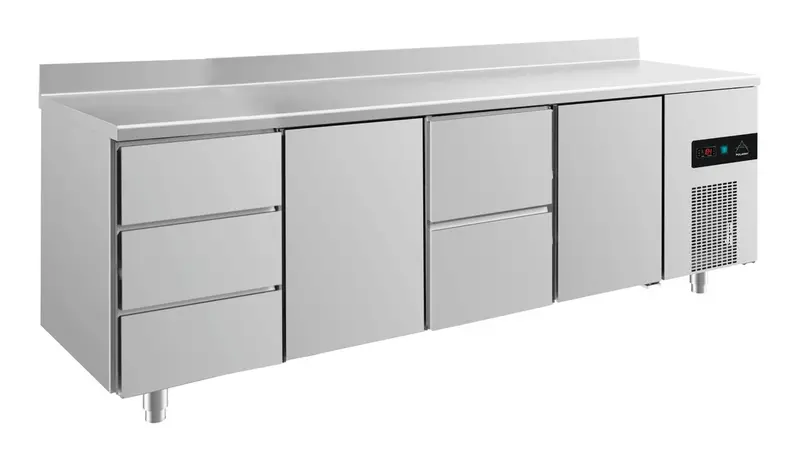 A&S Kühltisch -2 bis +8°C 2330x700x850mm mit 2x Türen, 1x zwei Schubladen und 1x 3 Schubladen u. Aufkantung (4DTZTA)