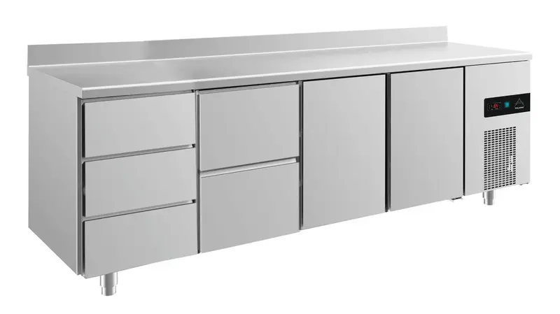 A&S Kühltisch -2 bis +8°C 2330x700x850mm mit 2x Türen, 1x zwei Schubladen und 1x 3 Schubladen u. Aufkantung (4DZTTA)