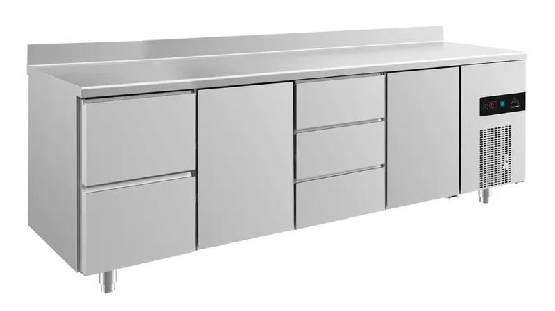 A&S Kühltisch -2 bis +8°C 2330x700x850mm mit 2x Türen, 1x zwei Schubladen und 1x 3 Schubladen u. Aufkantung (4ZTDTA)