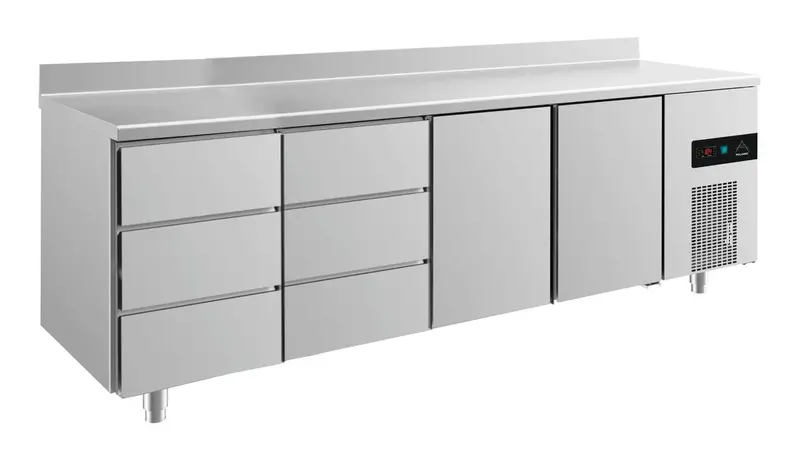 A&S Kühltisch -2 bis +8°C 2330x700x850mm mit 2x Türen und 2x drei Schubladen u. Aufkantung (4DDTTA)
