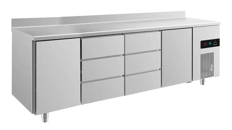 A&S Kühltisch -2 bis +8°C 2330x700x850mm mit 2x Türen und 2x drei Schubladen u. Aufkantung (4TDDTA)