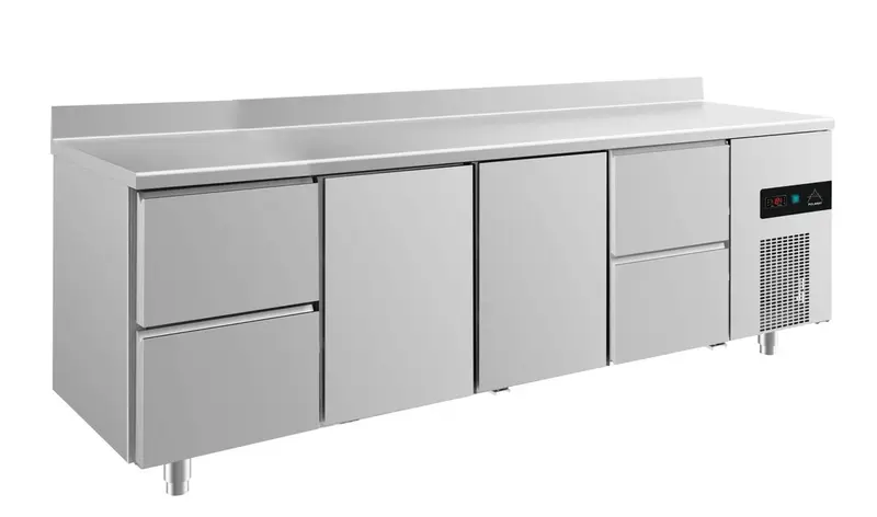 A&S Kühltisch -2 bis +8°C 2330x700x850mm mit 2x Türen und 2x zwei Schubladen u. Aufkantung (4ZTTZA)