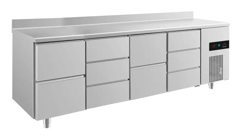 A&S Kühltisch -2 bis +8°C 2330x700x850mm mit 2x zwei Schubladen und 2x drei Schubladen u. Aufkantung (4ZDZDA)