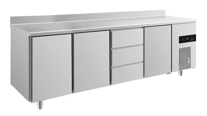 A&S Kühltisch -2 bis +8°C 2330x700x850mm mit 3x Türen und 1x drei Schubladen u. Aufkantung (4TTDTA)