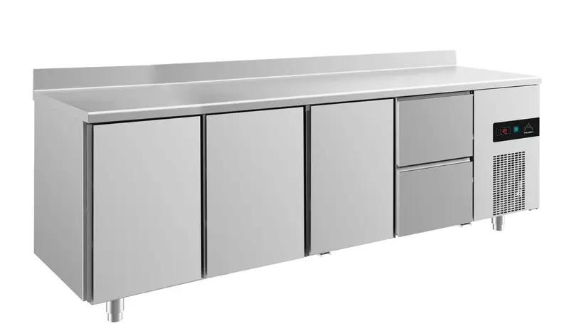 A&S Kühltisch -2 bis +8°C 2330x700x850mm mit 3x Türen und 1x zwei Schubladen u. Aufkantung (4TTTZA)