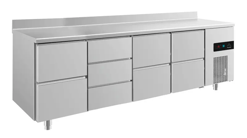 A&S Kühltisch -2 bis +8°C 2330x700x850mm mit 3x zwei Schubladen und 1x drei Schubladen u. Aufkantung (4ZDZZA)