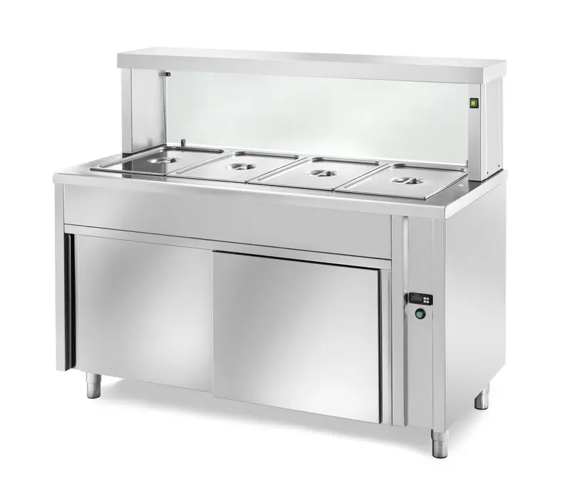 Ausgabe Warmhaltetisch PROFI neutral mit Schiebetüren und eckigem Glasaufsatz 2000x700x1300