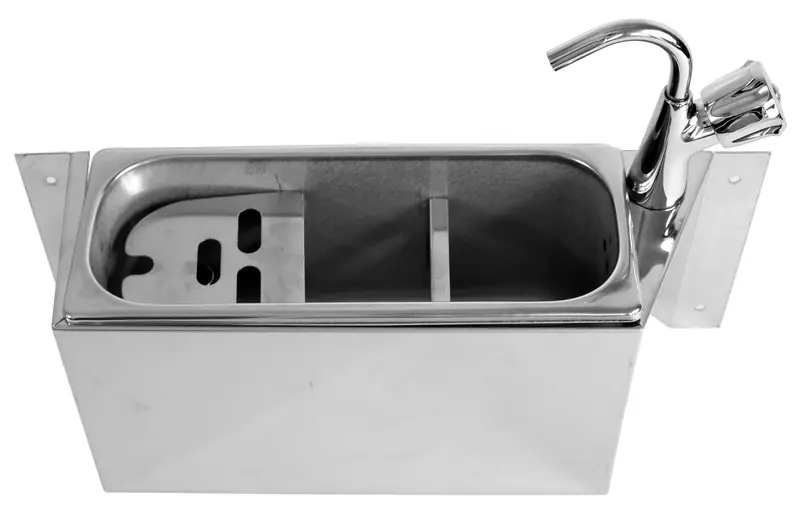 CombiSteel Spülbecke Für Eislöffel Mit Wasserhahn 380 × 120 × 150 Mit Wasserablaufloch, Wasseranschluss Und Überlaufrohr