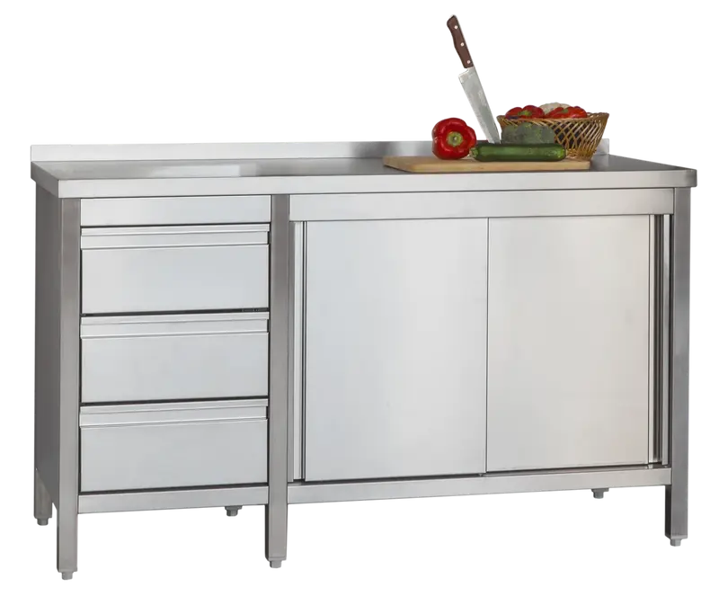 Edelstahl Arbeitsschrank Profi mit Schiebetüren- Aufkantung und 3 Schubladen 1400 x 600 x 850 mm