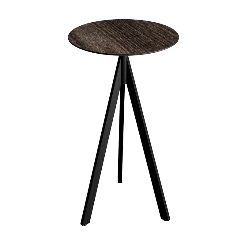 Feros Infinity Tripod Stehtisch Schwarz frame + Riverwashed Wood HPL Ø70 cm