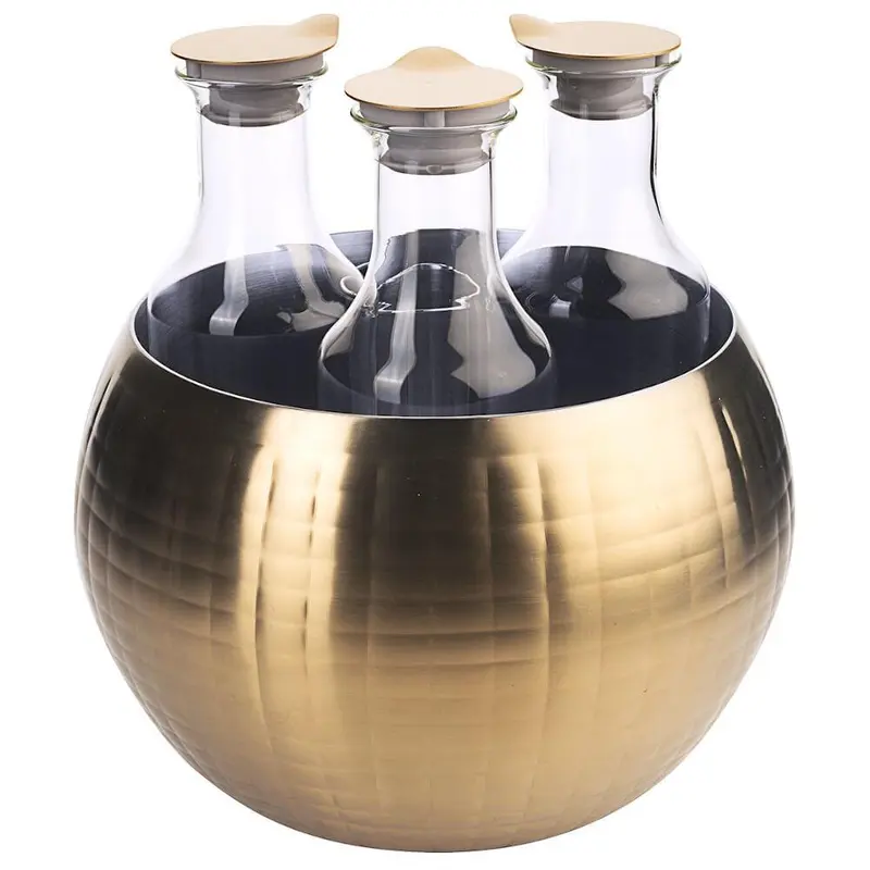FRILICH CARAFINE BLACK 'Triplet'PVD gold, doppelwandig, gehämmert, 3 Glaskaraffen