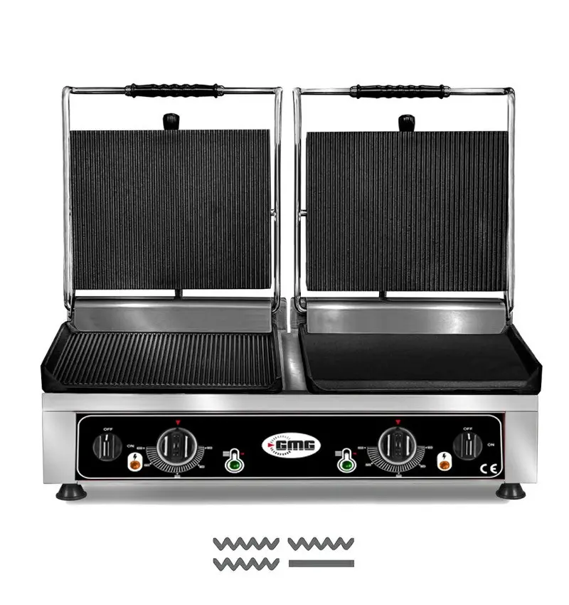 GMG Doppel-Kontaktgrill 2 × 36 × 27 cm, oben gerillt, unten glatt und gerillt, Gusseisen