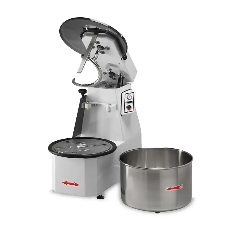 GMG Teigknetmaschine 62Lt. / 50Kg 400V, Hebbarer Kopf und Herausnehmbarer Kessel, Spirale, Teigteiler und Wanne aus Edelstahl