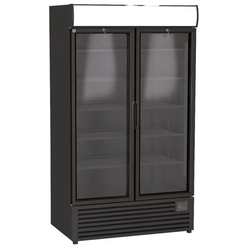 Mastro Getränkekühlvitrine 1140 Liter mit 2 Glastüren und Werbedisplay, 4+4 Roste, +1°/+9°C - Schwarz