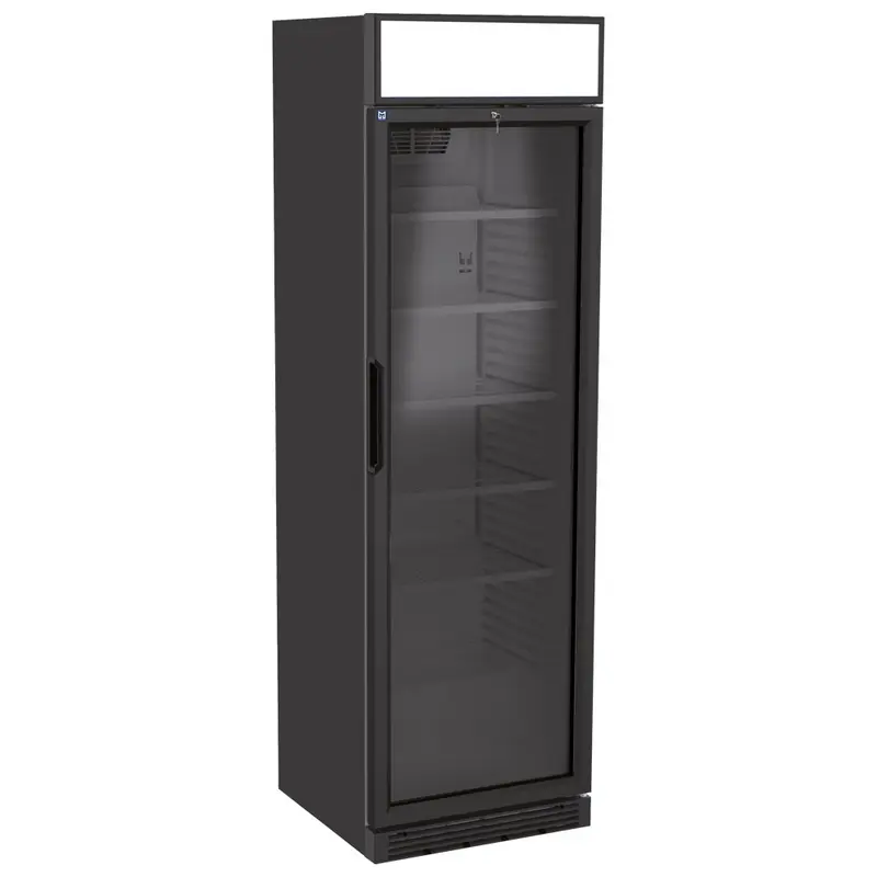 Mastro Getränkekühlvitrine 373 Liter mit Glastür und Werbedisplay, 5 Roste, +1°/+9°C - Farbe schwarz