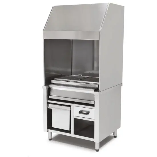 Mastro Holzkohlegrill auf Unterschrank mit Ascheschublade und Abzugshaube, 2 Grillzonen gesamt 1200x600 mm