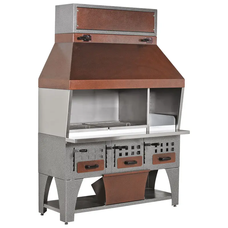 Mastro Holzkohlegrill auf Unterschrank mit Ascheschubladen und Abzugshaube, 3 Grillzonen gesamt 1530x530 mm