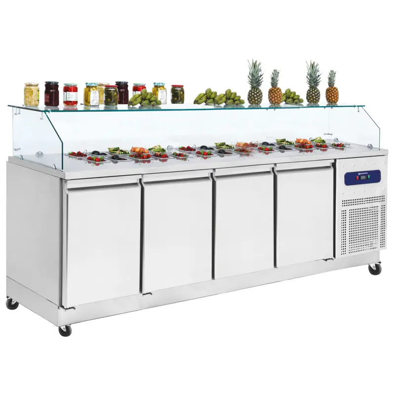 Mastro Kühl-Vorbereitungstisch 4 Türen GN 1/1 mit Glasaufsatz, 10x GN 1/6 H=100 mm, -2°/+8°C