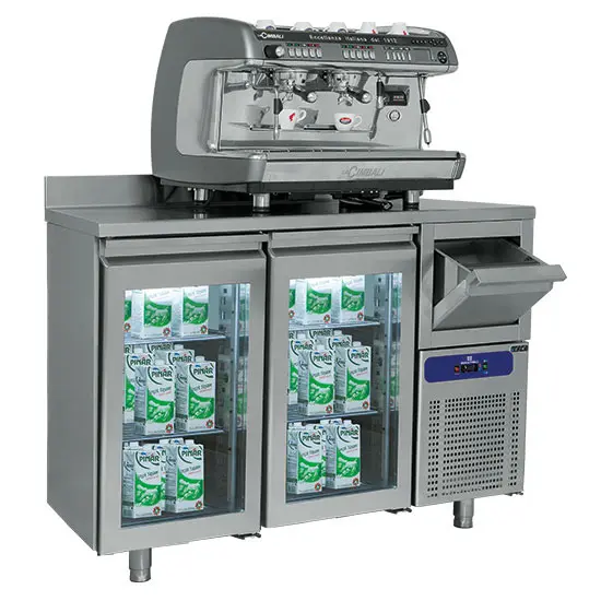 Mastro Kühltisch mit 2 Glastüren GN 1/1, Kaffeesatzschublade und Aufkantung, -2°/+8°C