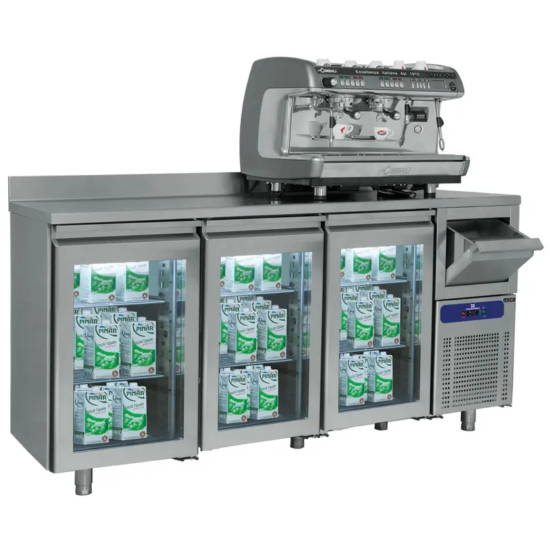 Mastro Kühltisch mit 3 Glastüren GN 1/1, Kaffeesatzschublade und Aufkantung, -2°/+8°C