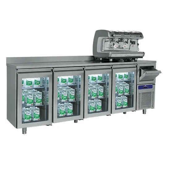 Mastro Kühltisch mit 4 Glastüren GN 1/1, Kaffeesatzschublade und Aufkantung, -2°/+8°C
