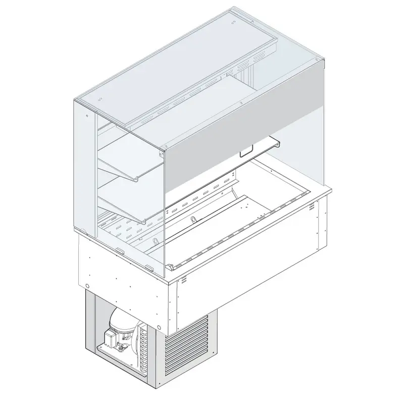 Mastro Kühlvitrine 2-etagig auf Umluft-Kühlwanne, eckig, mit Kühlaggregat, Rollblende kundenseitig, 3x GN 1/1