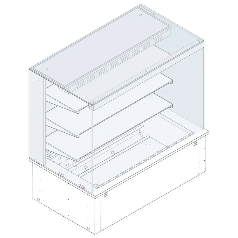 Mastro Kühlvitrine 3-etagig auf Umluft-Kühlwanne, eckig, für Zentralkühlung, kundenseitig geschlossen, 2x GN 1/1