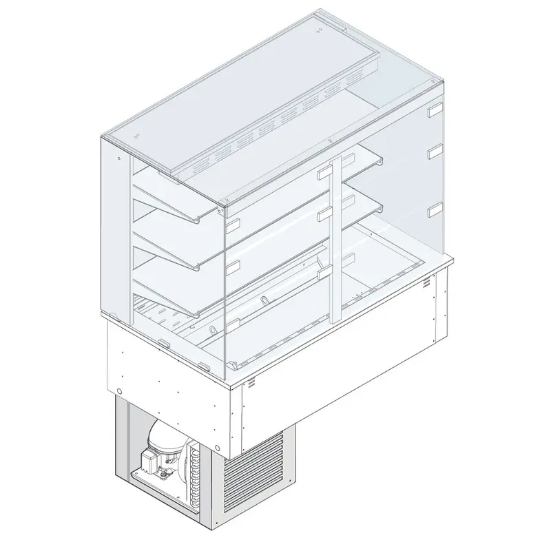 Mastro Kühlvitrine 3-etagig auf Umluft-Kühlwanne, eckig, mit Kühlaggregat, Klappen kundenseitig, 3x GN 1/1
