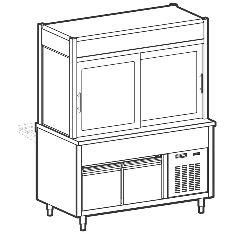 Mastro Kühlvitrine 3-etagig mit Kühlwanne auf gekühltem Unterbau, Rollblende kundenseitig, 3x GN 1/1