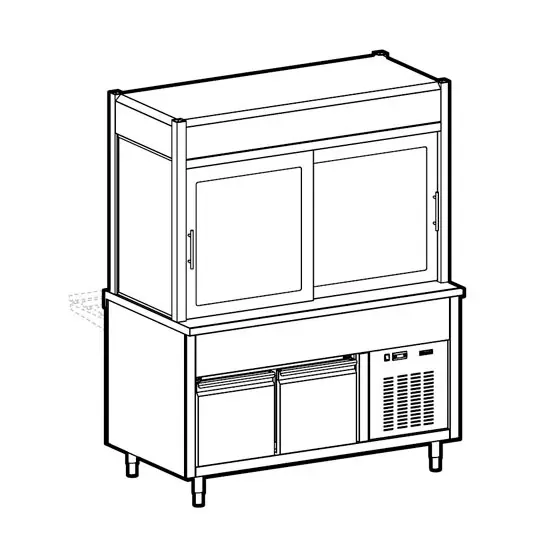 Mastro Kühlvitrine 3-etagig mit Kühlwanne auf gekühltem Unterbau, Rollblende kundenseitig, 6x GN 1/1