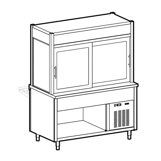 Mastro Kühlvitrine 3-etagig mit Kühlwanne auf offenem Unterbau, Rollblende kundenseitig, 6x GN 1/1