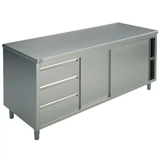 Mastro Neutraler Arbeitsschrank mit eingebauter Schubladeneinheit links, mit Schiebetüren, ohne Aufkantung, 1300x600 mm