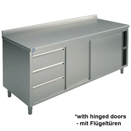Mastro Neutraler Arbeitsschrank mit eingebauter Schubladeneinheit links, mit Schiebetüren und Aufkantung, 1200x700 mm