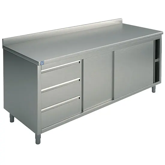 Mastro Neutraler Arbeitsschrank mit eingebauter Schubladeneinheit links, mit Schiebetüren und Aufkantung, 1700x700 mm