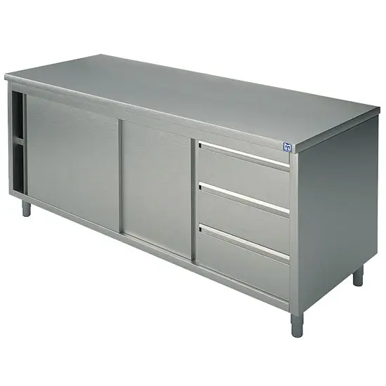 Mastro Neutraler Arbeitsschrank mit eingebauter Schubladeneinheit rechts, mit Schiebetüren, ohne Aufkantung, 1600x600 mm