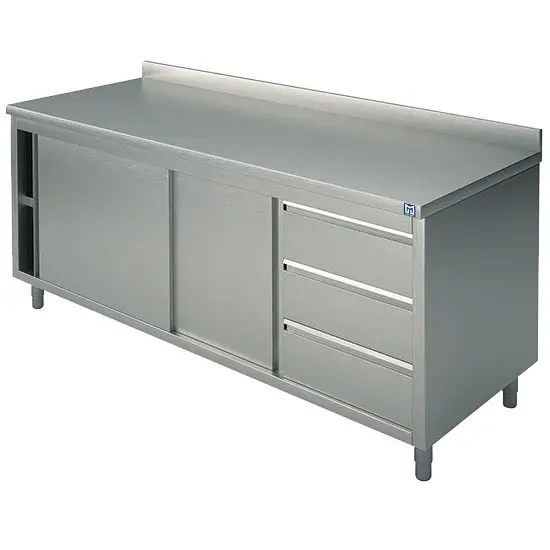 Mastro Neutraler Arbeitsschrank mit eingebauter Schubladeneinheit rechts, mit Schiebetüren und Aufkantung, 2000x600 mm