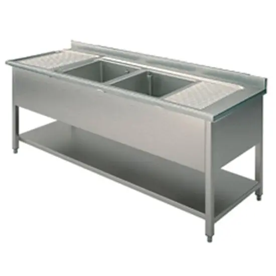 Mastro Spültisch, 2 Becken, 2 Tropftassen, auf Beinen, mit Grundboden, 2000x700 mm