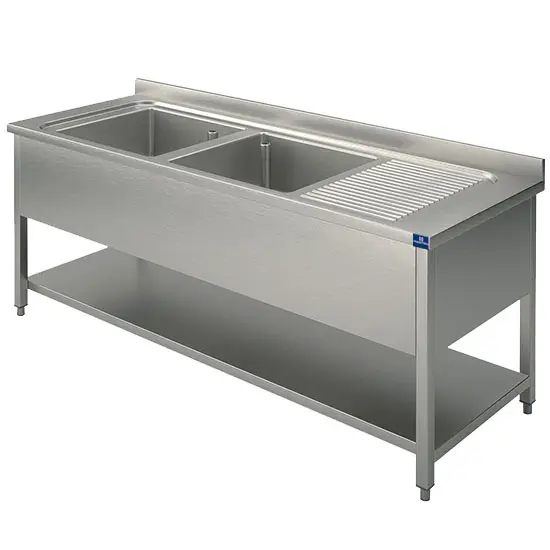 Mastro Spültisch, 2 Becken, Tropftasse rechts, auf Beinen, mit Zwischenboden, 2000x600 mm