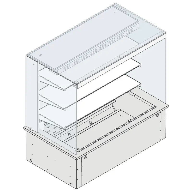 Mastro Wandkühlvitrine 3-etagig mit eckiger Verglasung auf Umluft-Kühlwanne, für Zentralkühlung, 3x GN 1/1