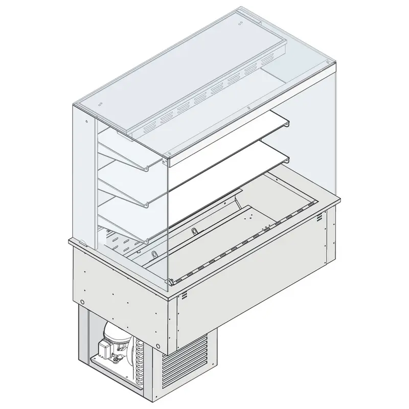Mastro Wandkühlvitrine 3-etagig mit eckiger Verglasung auf Umluft-Kühlwanne, mit Kühlaggregat, 4x GN 1/1