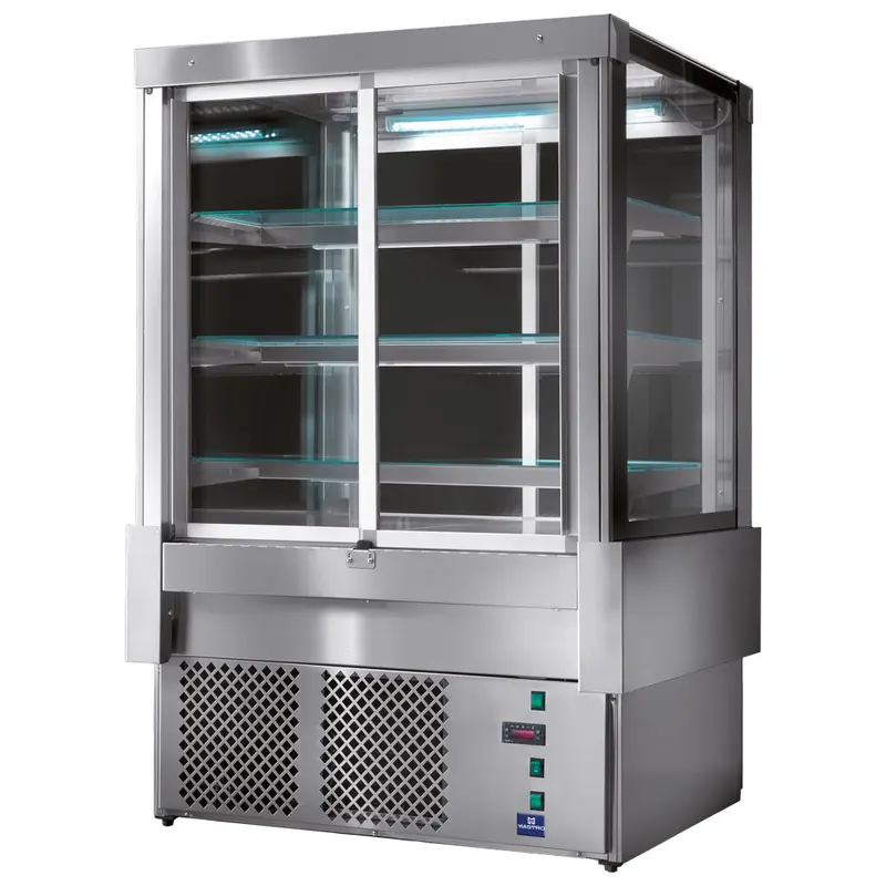 Mastro Warme Theke mit 4 Schiebetüren und 3 Regalböden, Umluft, +65°C, B=1222 mm - RAL9005