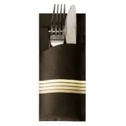 Papstar Bestecktasche Stripes - schwarz/creme inkl. farbiger Serviette